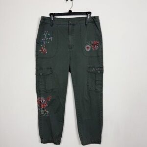 Sundance High Waist Floral Embroidered Cargo Pants Grey Bohemian Sz 12